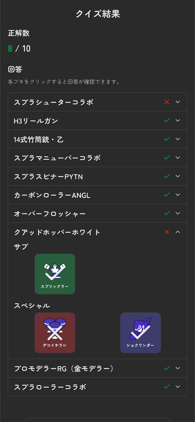 出題されたブキの回答結果を最後に確認できます。